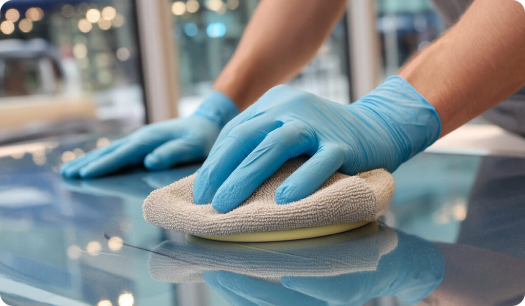 Person with blue rubber gloves cleaning